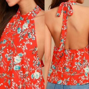 Poppy Parade Coral Red Floral Print Halter Top
